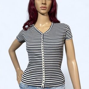 One Step Ahead Navy and White Striped V-Neck Tee